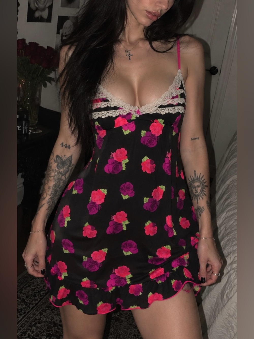 XOXO Floral Lace-Trim Slip Dress Black w Pink & Purple Roses-Women’s Essentials